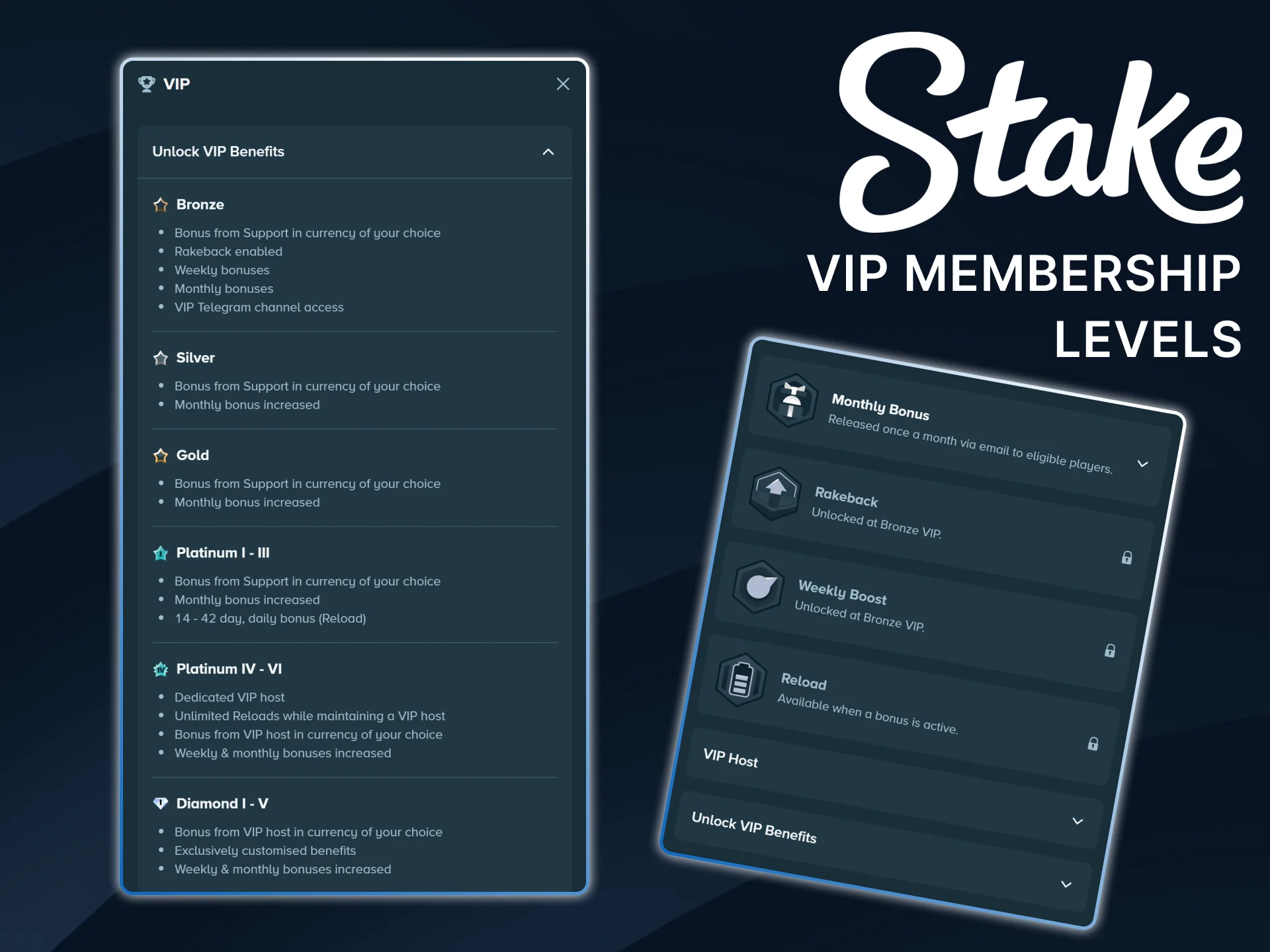 Track your progress through each Stake VIP membership level to unlock higher reward levels.
