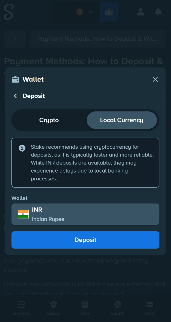 Select a currency to fund your Stake gaming account.