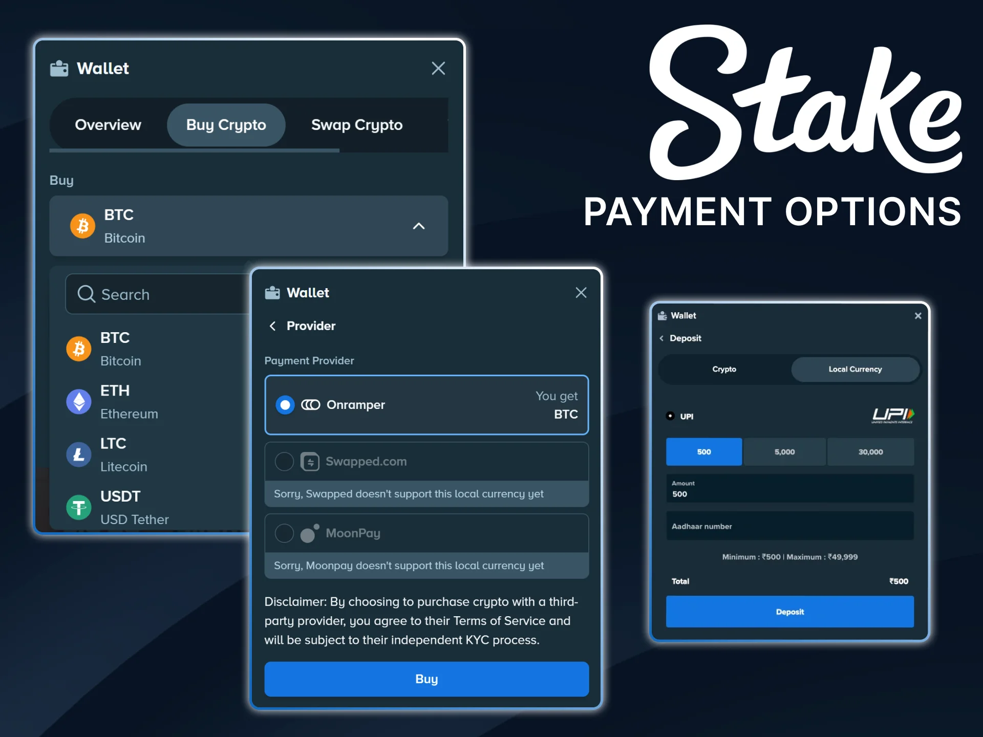 Choose from a variety of secure payment methods to instantly and securely fund your Stake account.