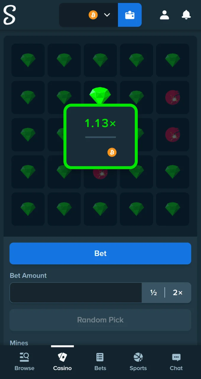 Claim your winnings in the Mines game at Stake Casino on time.