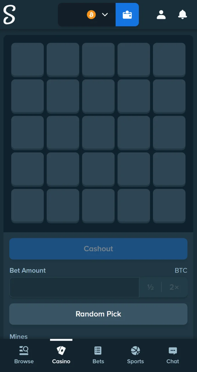Use the Stake search bar to find and open the Mines game.