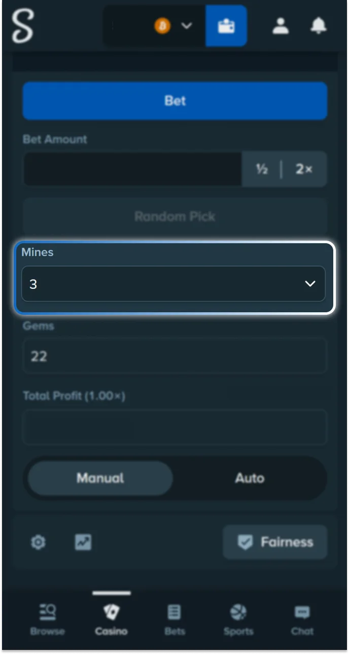 Select the number of mines on the Mines game field in Stake.