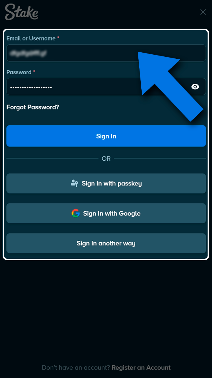 Log into Stake using credentials or social accounts.