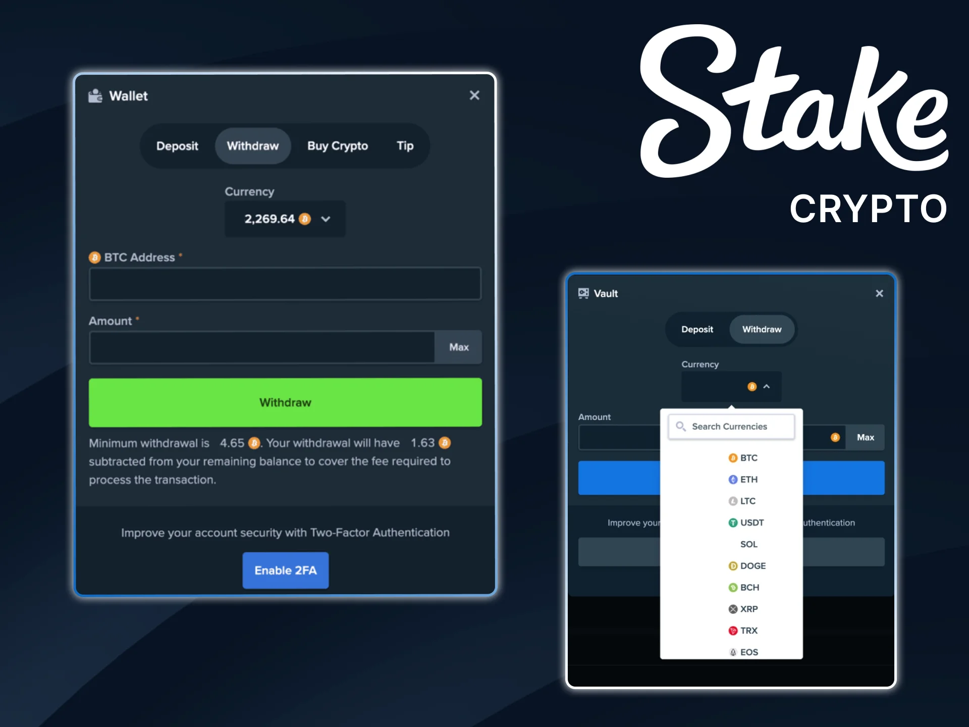 Follow this guide to withdraw your cryptocurrency winnings from Stake to your personal wallet.