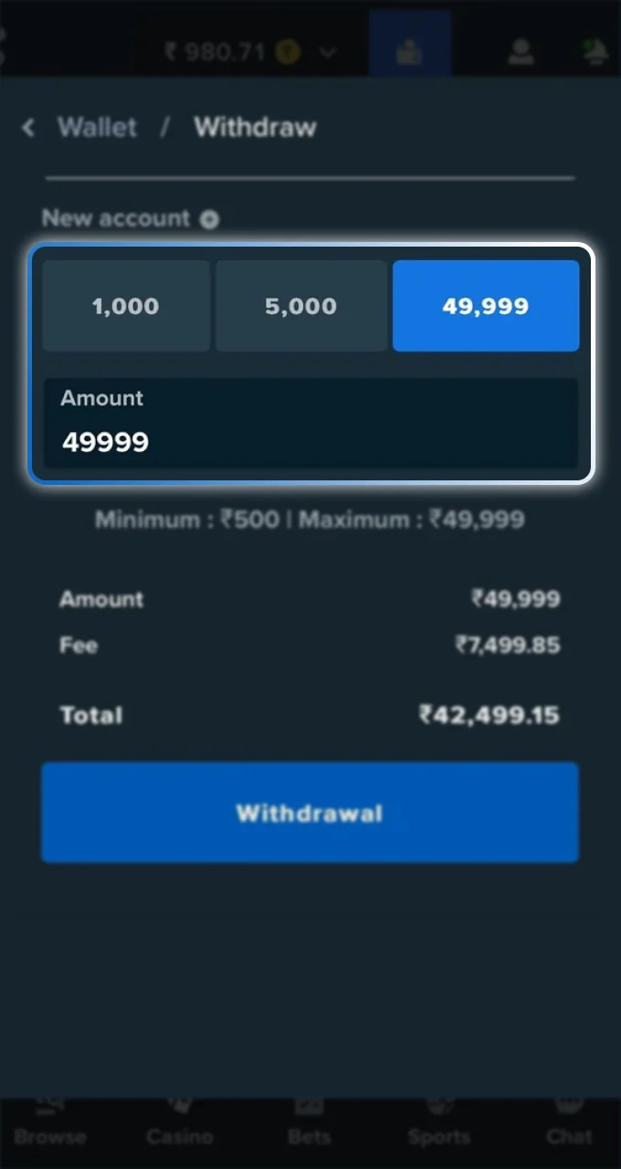 Select the amount you want to withdraw from your Stake gaming account.