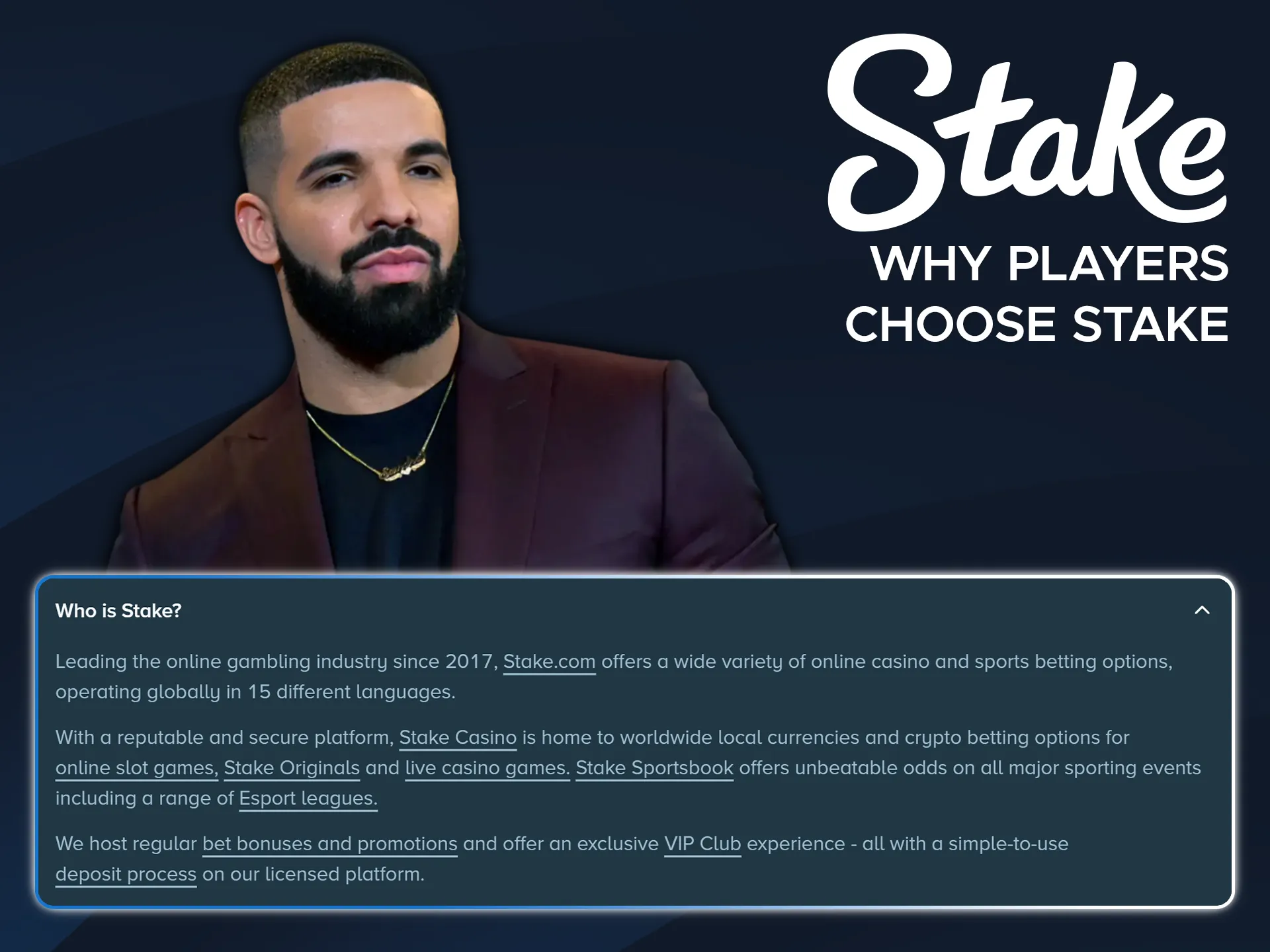 Experience why users choose Stake for betting like Drake does.