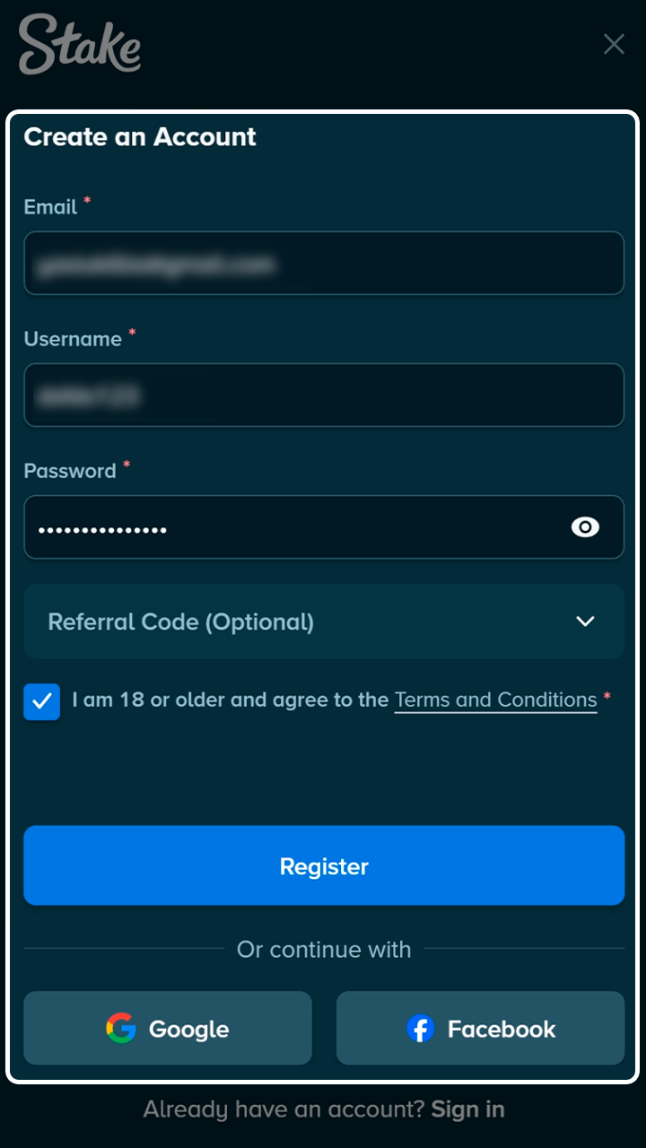 Fill in the required personal information on Stake.