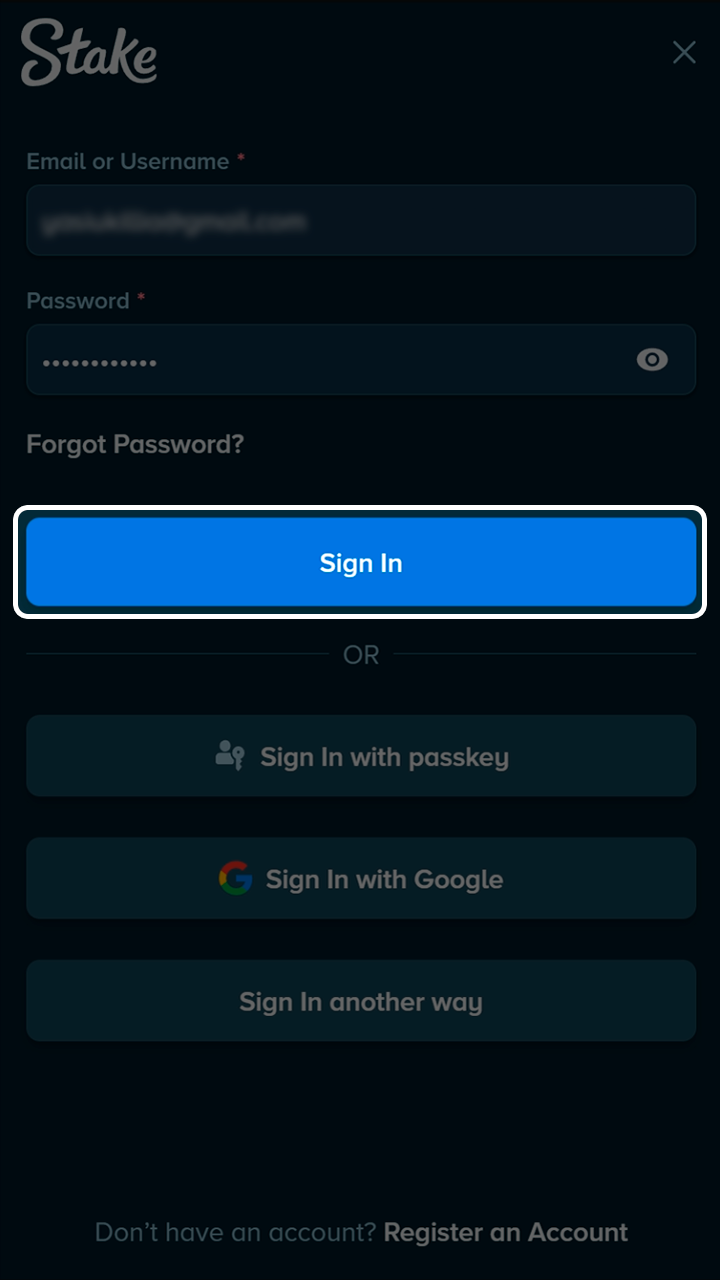 Access your personal Stake account to start gambling.