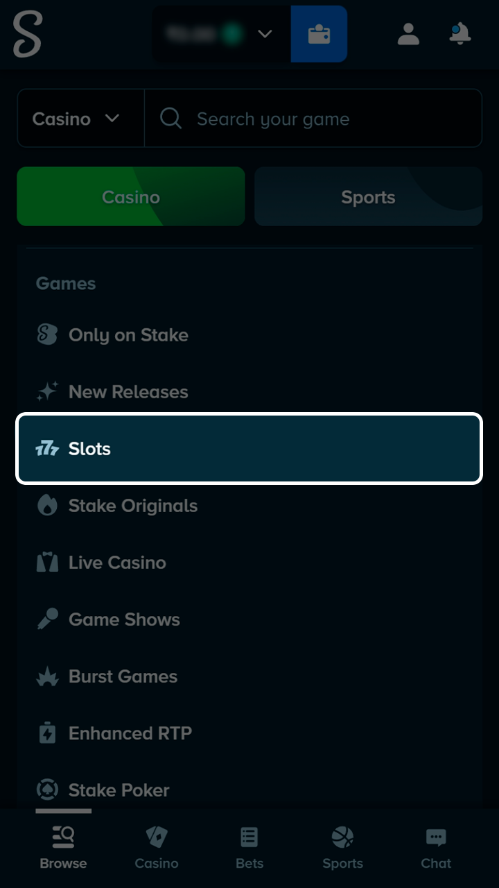 Find the massive slots collection in the Stake menu.