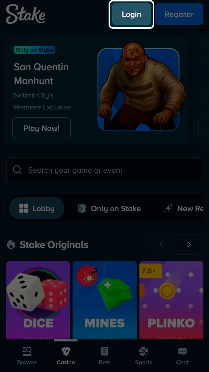Access the login area in the Stake app.