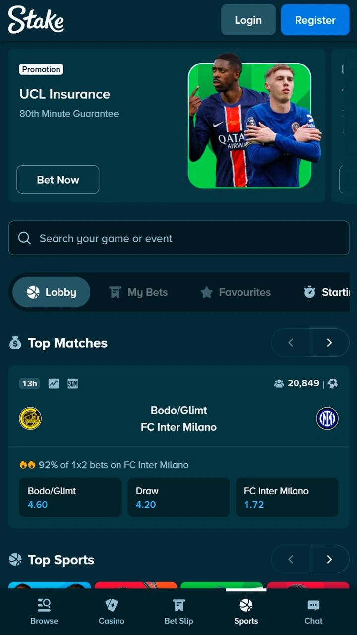 Place bets on top sports within Stake app.