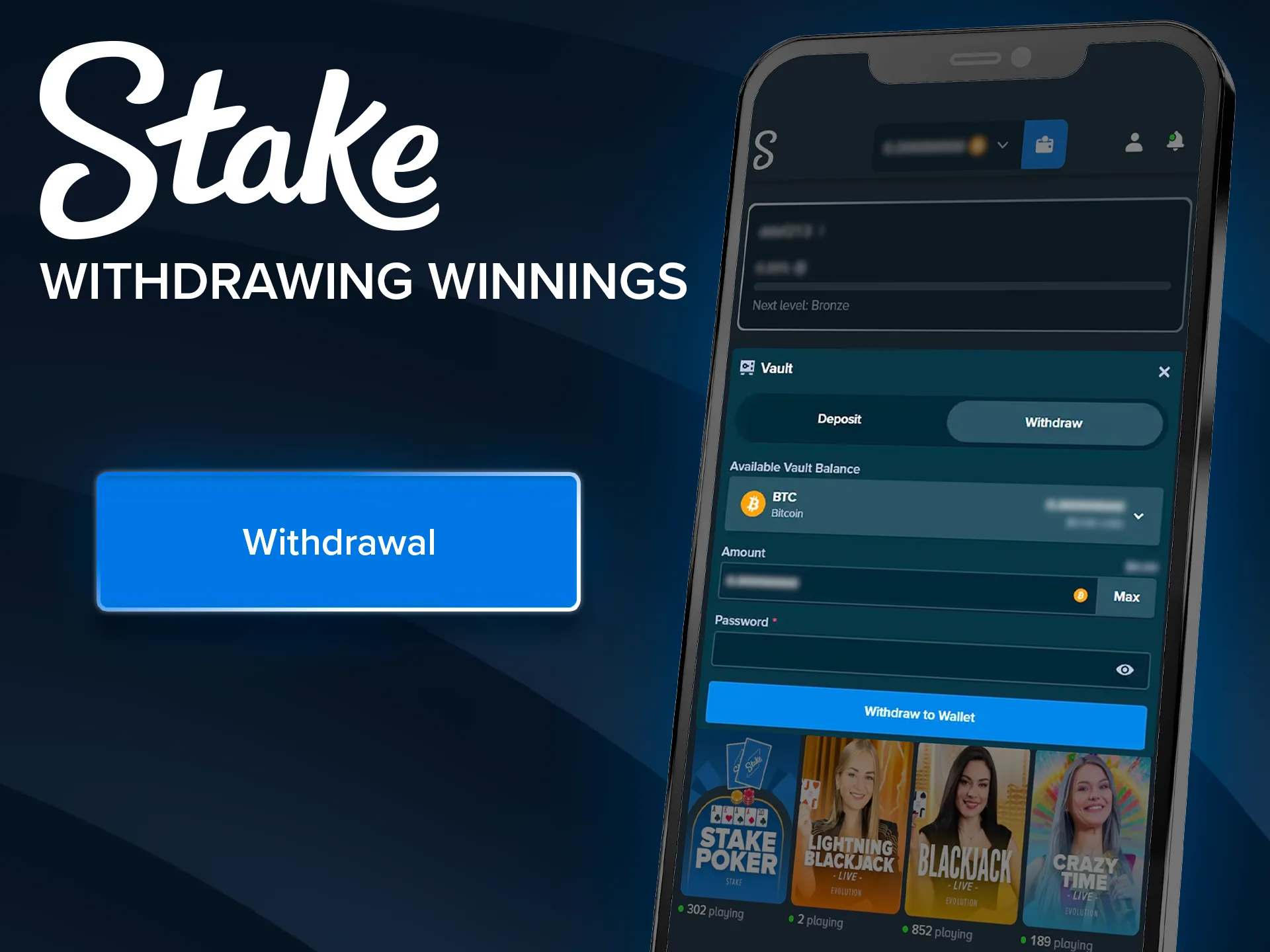 Fast withdrawal process in the Stake mobile app.