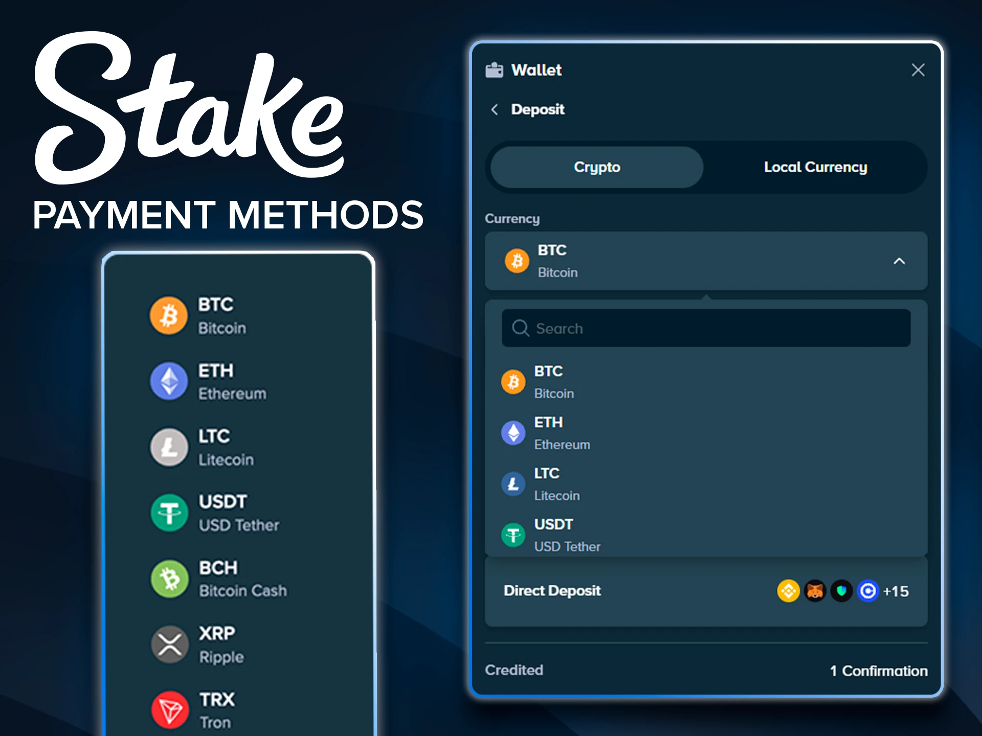 List of supported payment systems on the Stake website.