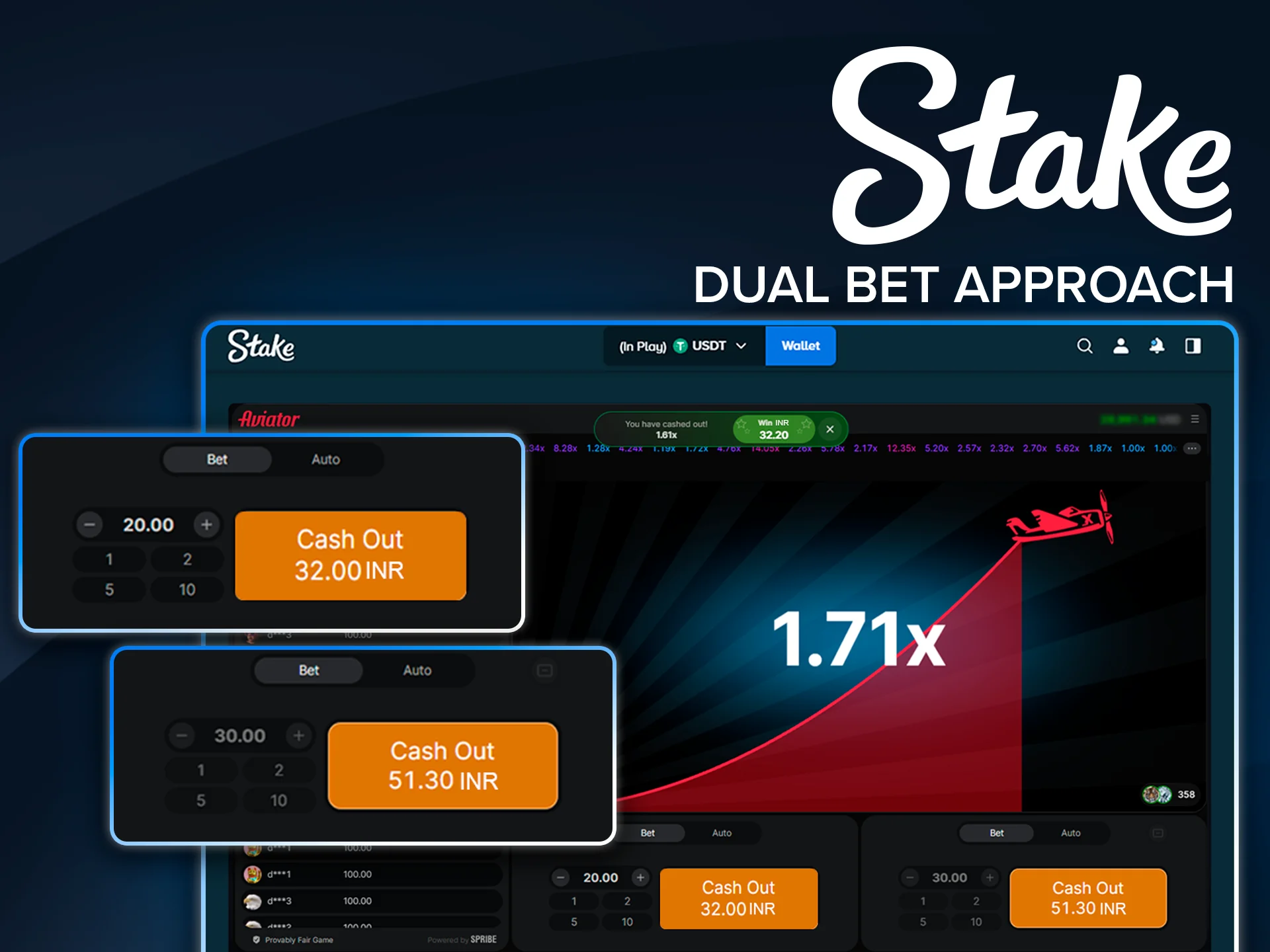 Using two simultaneous bets in Aviator at Stake.