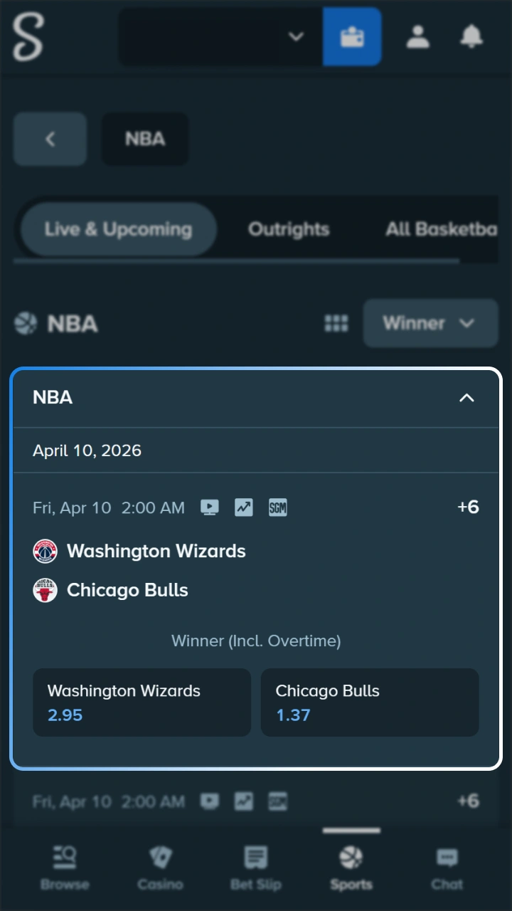 Choose basketball match you want to place bet on at Stake.