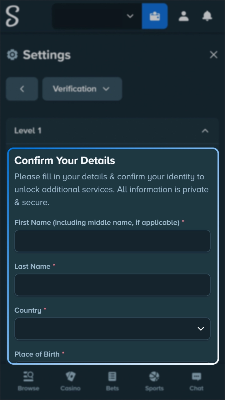Verify your profile to depositt and start basketball betting at Stake.