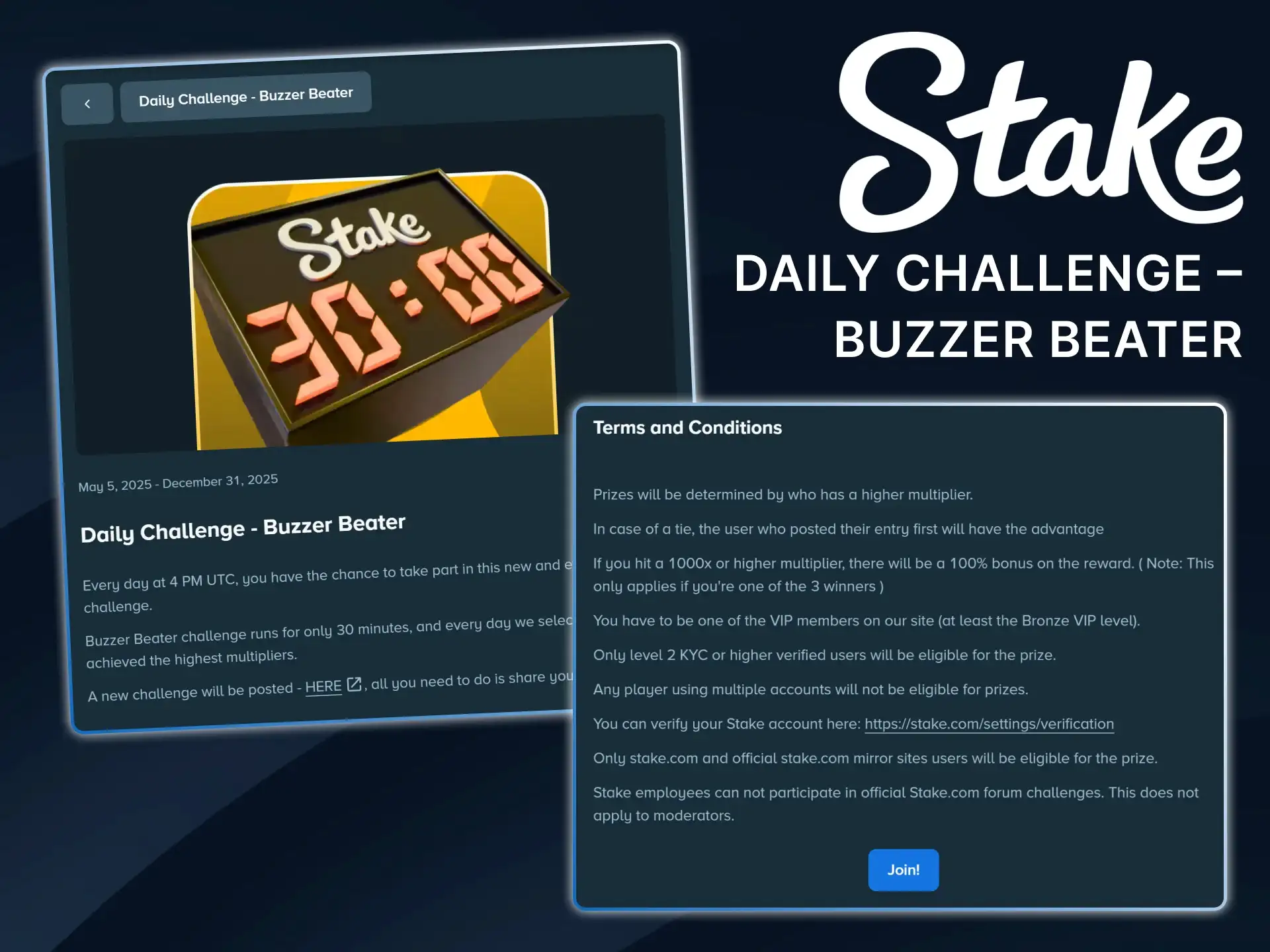 Win extra prizes by completing the Stake Buzzer Beater daily challenge.