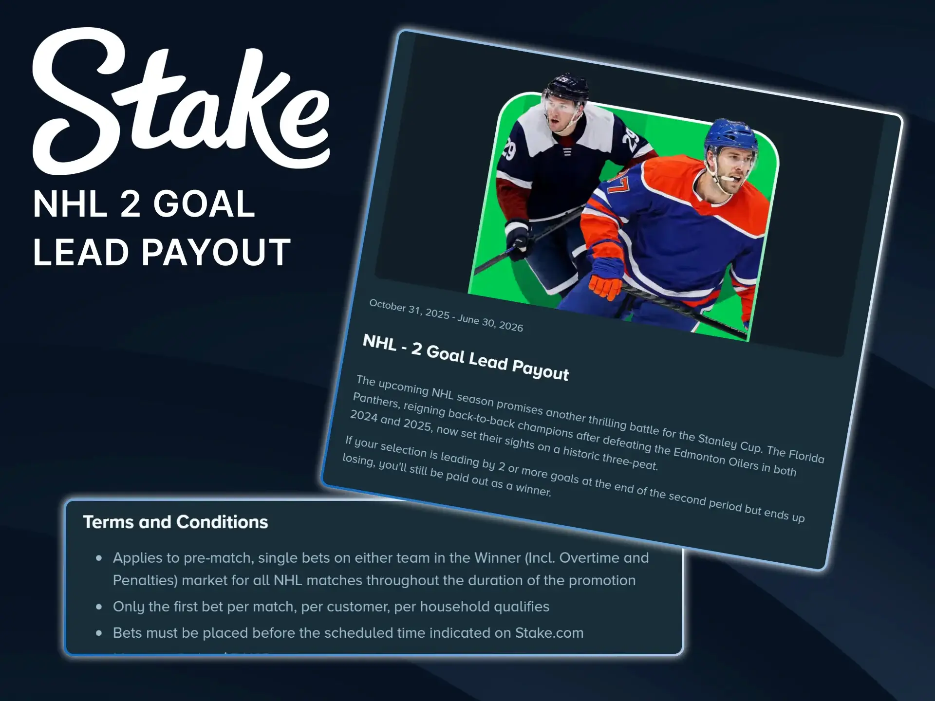 Get an early payout on Stake if your NHL team leads by two goals.
