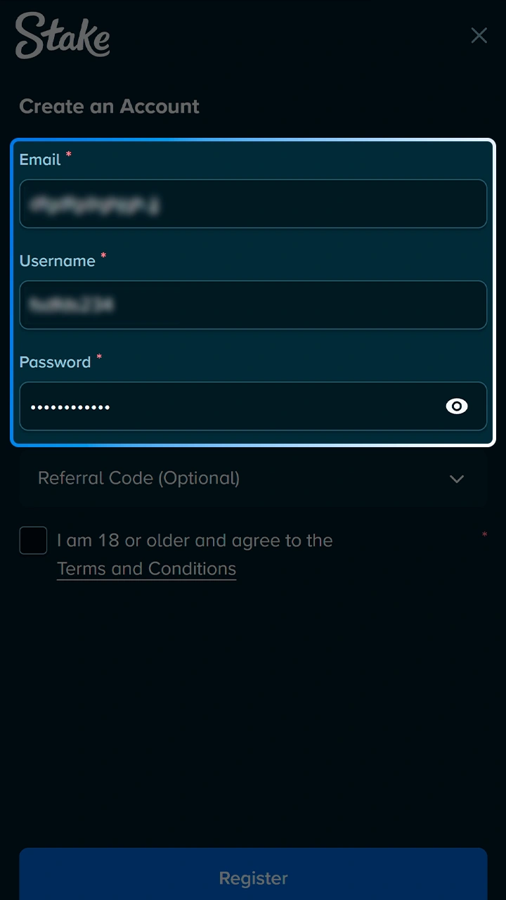 Please provide the required information to register with Stake.