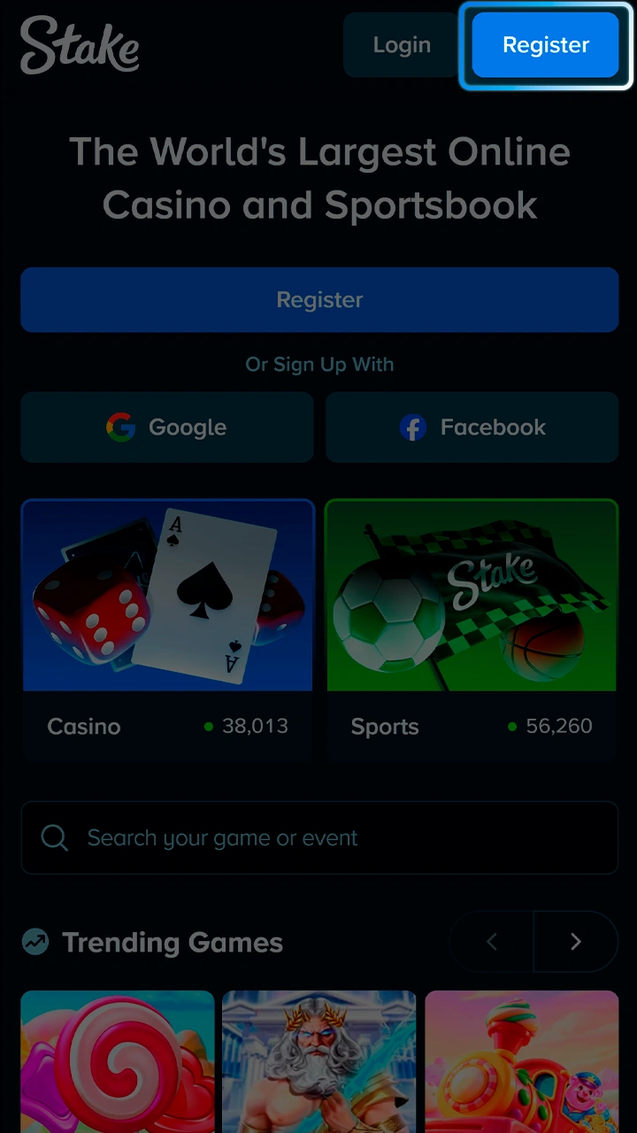 Locate the sign-up button to join the Stake community.