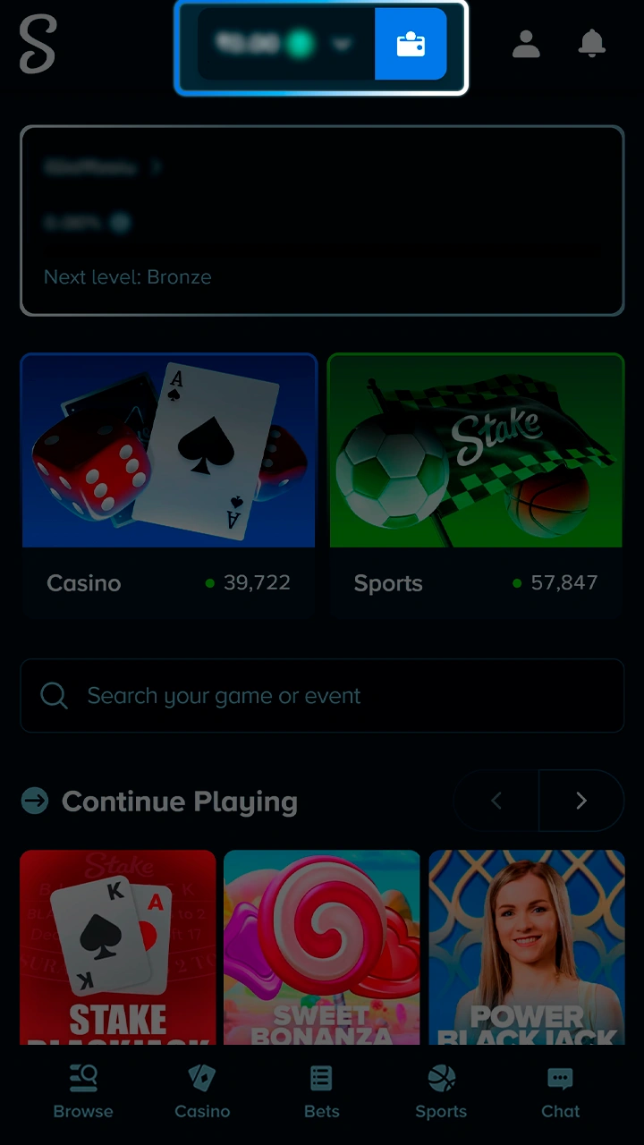 Add funds to your balance for cricket betting on Stake.