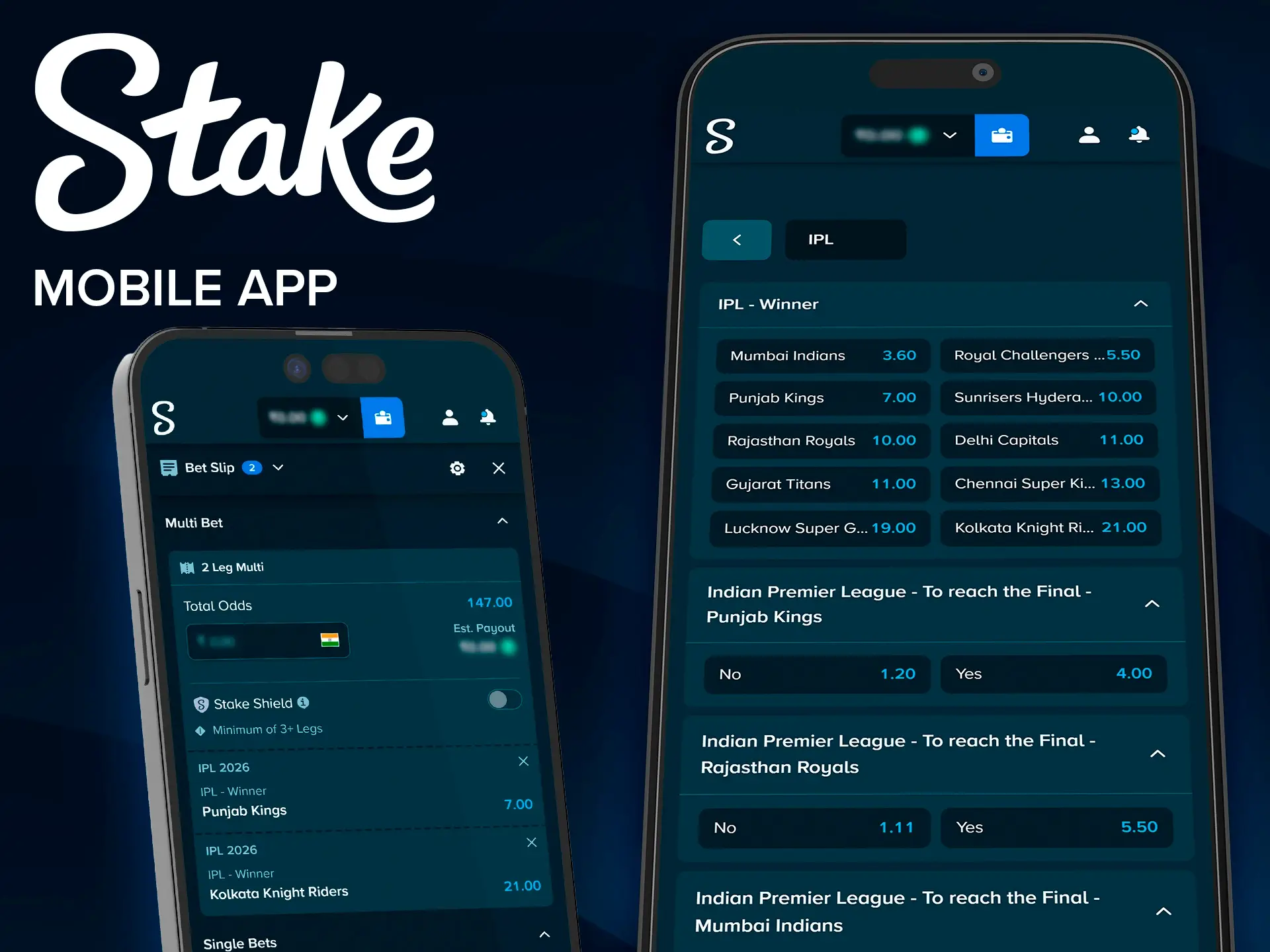 Download the Stake app for betting on cricket anywhere.