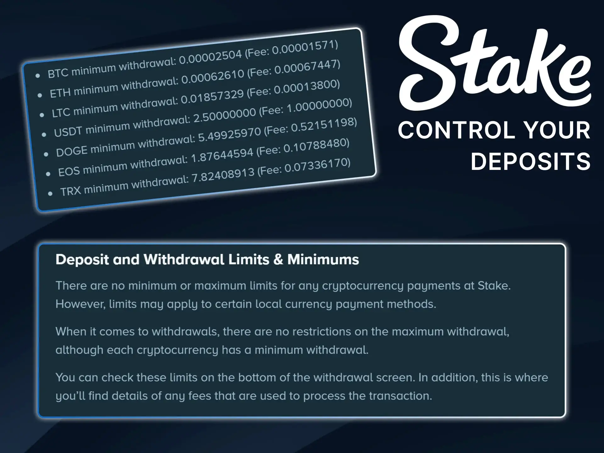Use Stake's responsible gaming tools to set limits and control your deposit amounts.