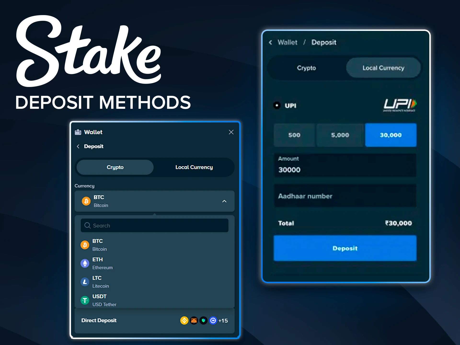 List of secure payment methods for depositing funds at Stake.
