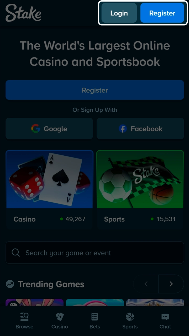 Register and access the full Stake gaming library.