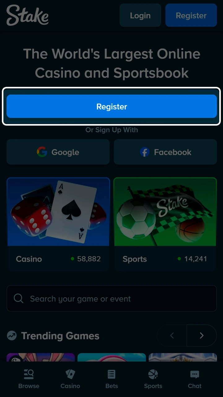 Visit the official Stake website to begin registration.