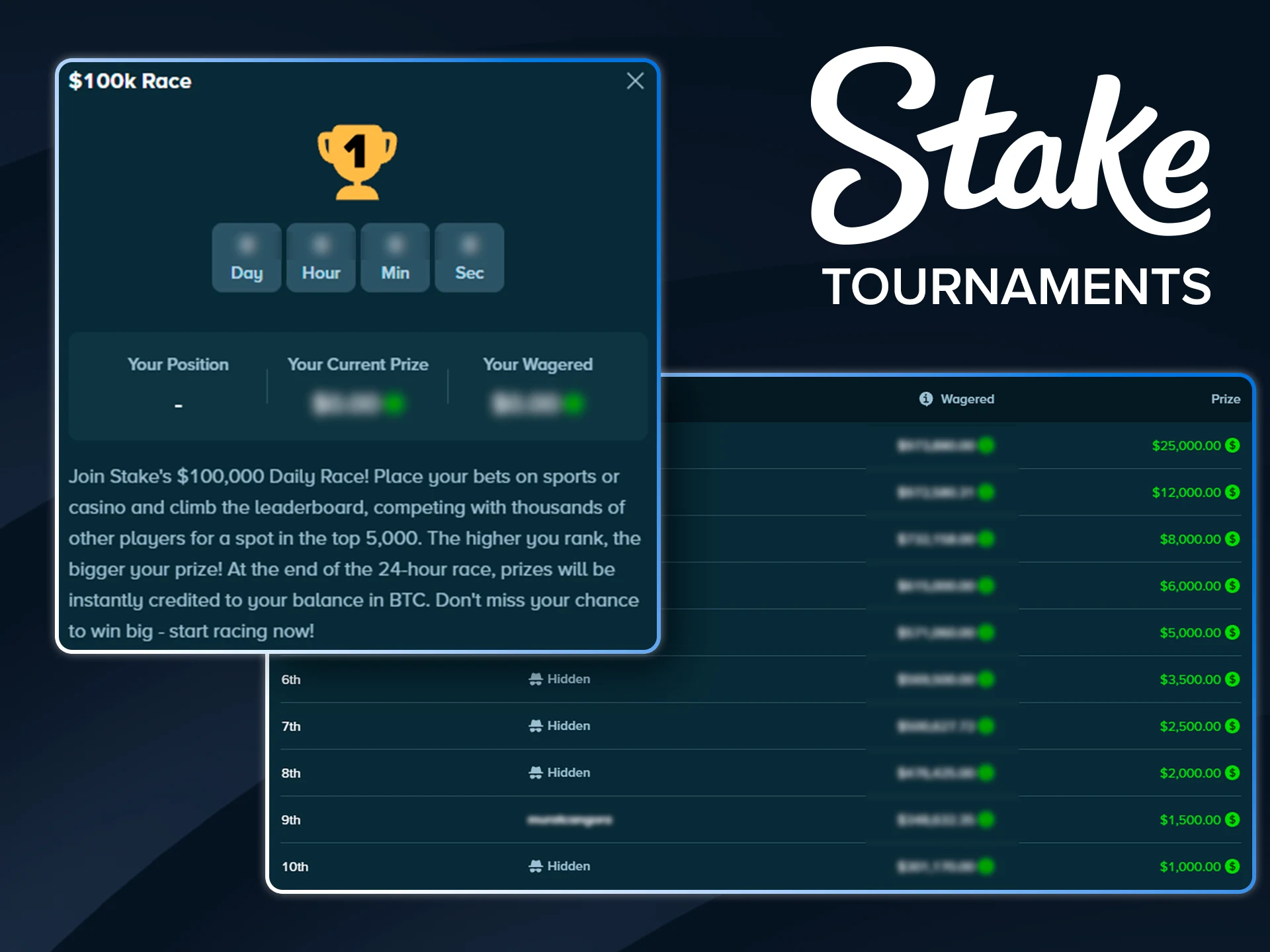 Win real money in Stake betting tournaments.