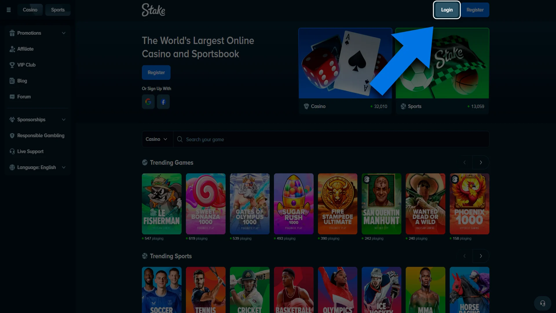 Navigate to the Stake secure login area.