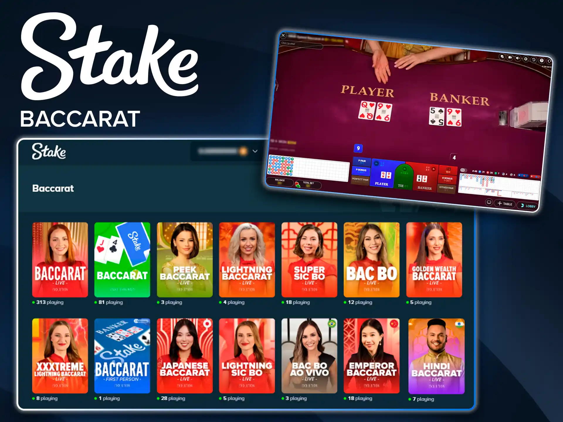 Professional live baccarat dealers on Stake.