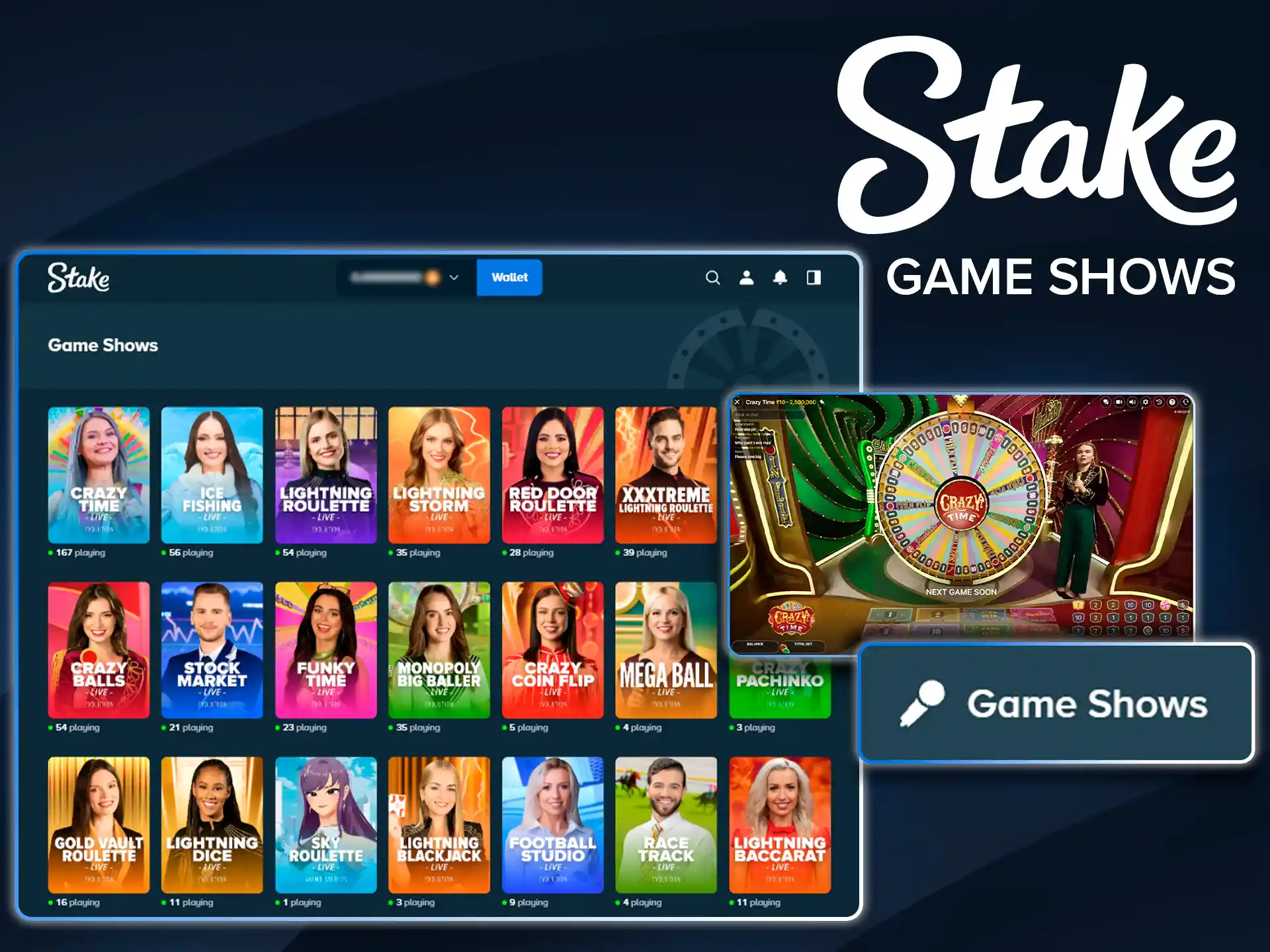 Interactive live casino game shows on Stake.