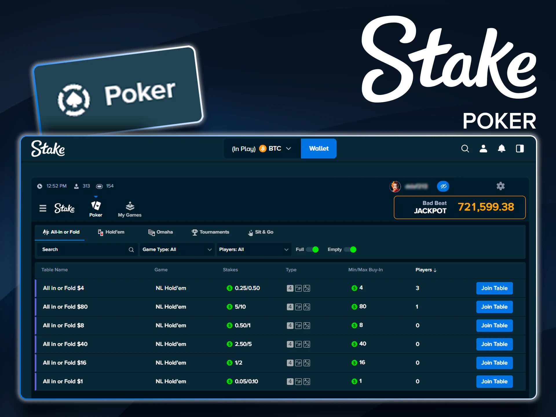Live poker rooms available for Stake players.