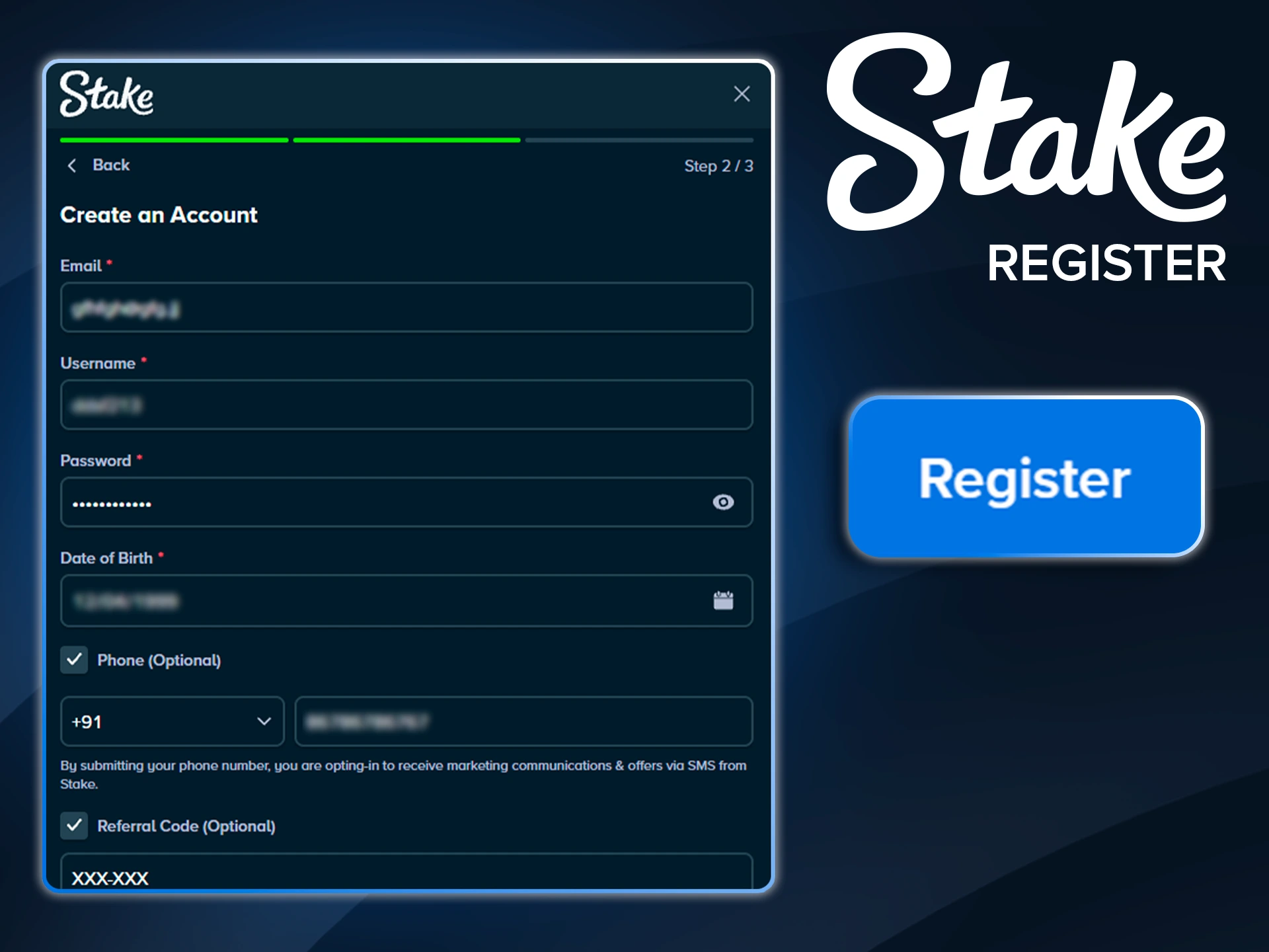 Create a new player account on Stake.