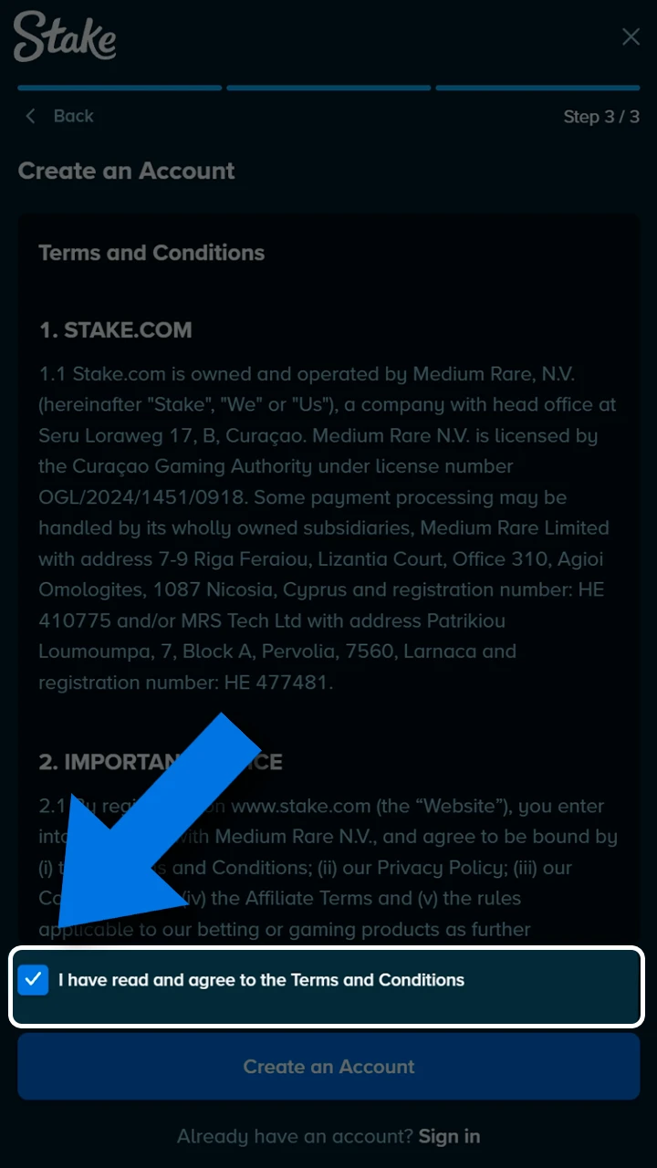 Agree to the official Stake terms and rules.