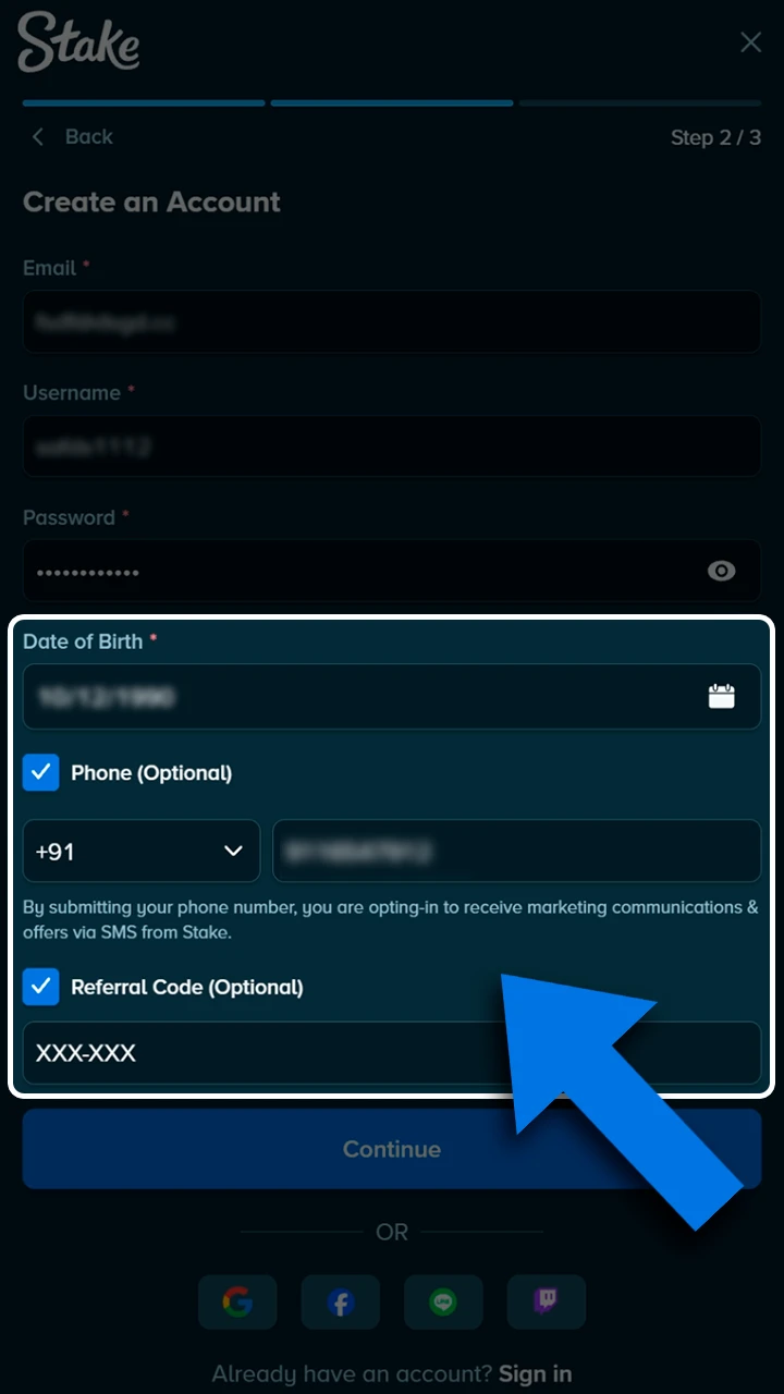 Securely enter your personal data into Stake.