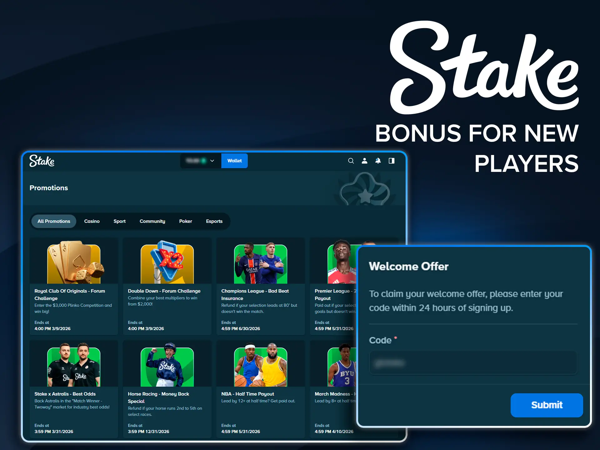 Claim your first deposit bonus at Stake casino now.