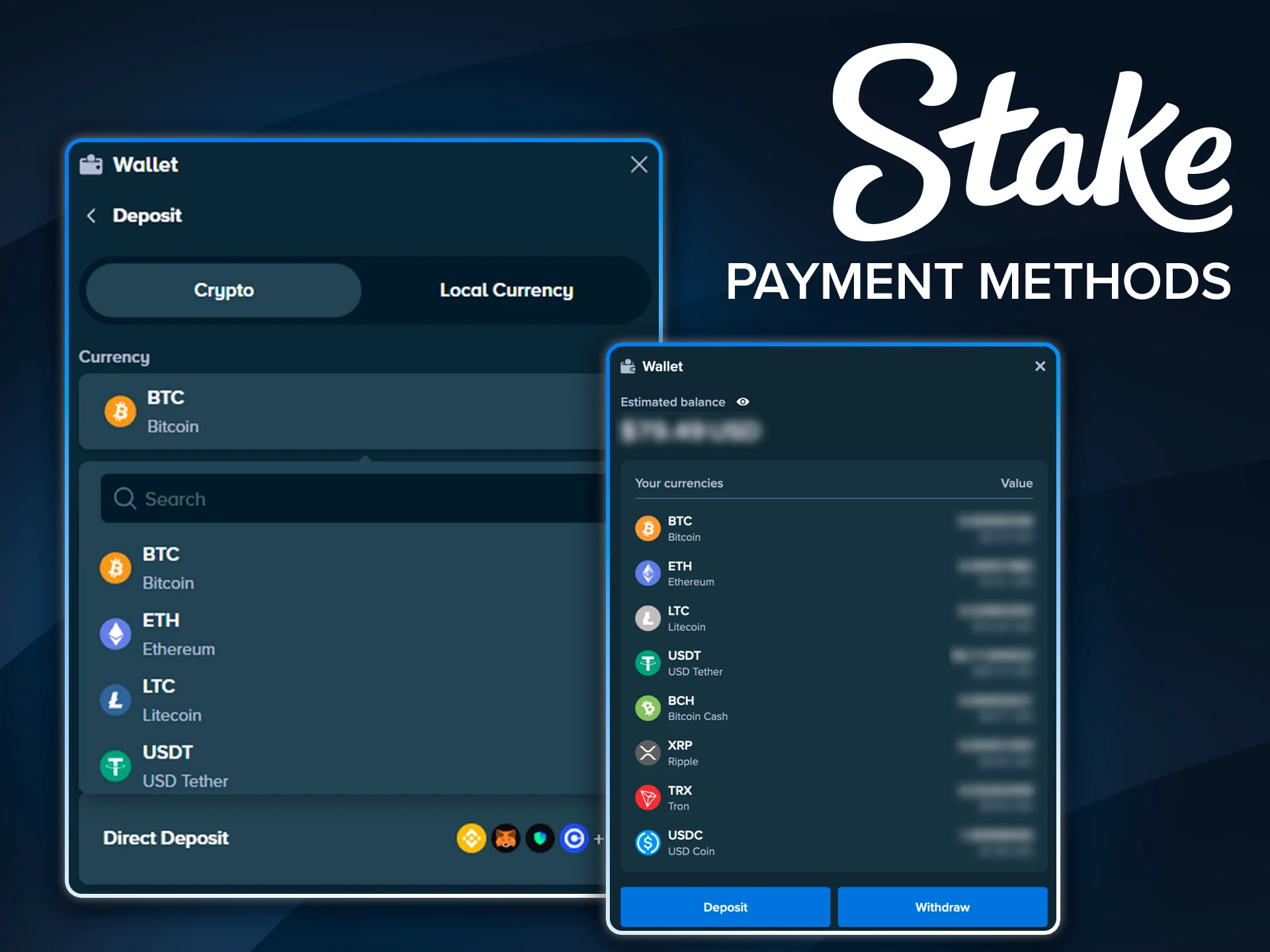 Secure payment options for funding your account at Stake.