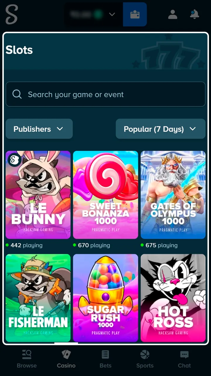 Select your favorite casino game from the Stake library.