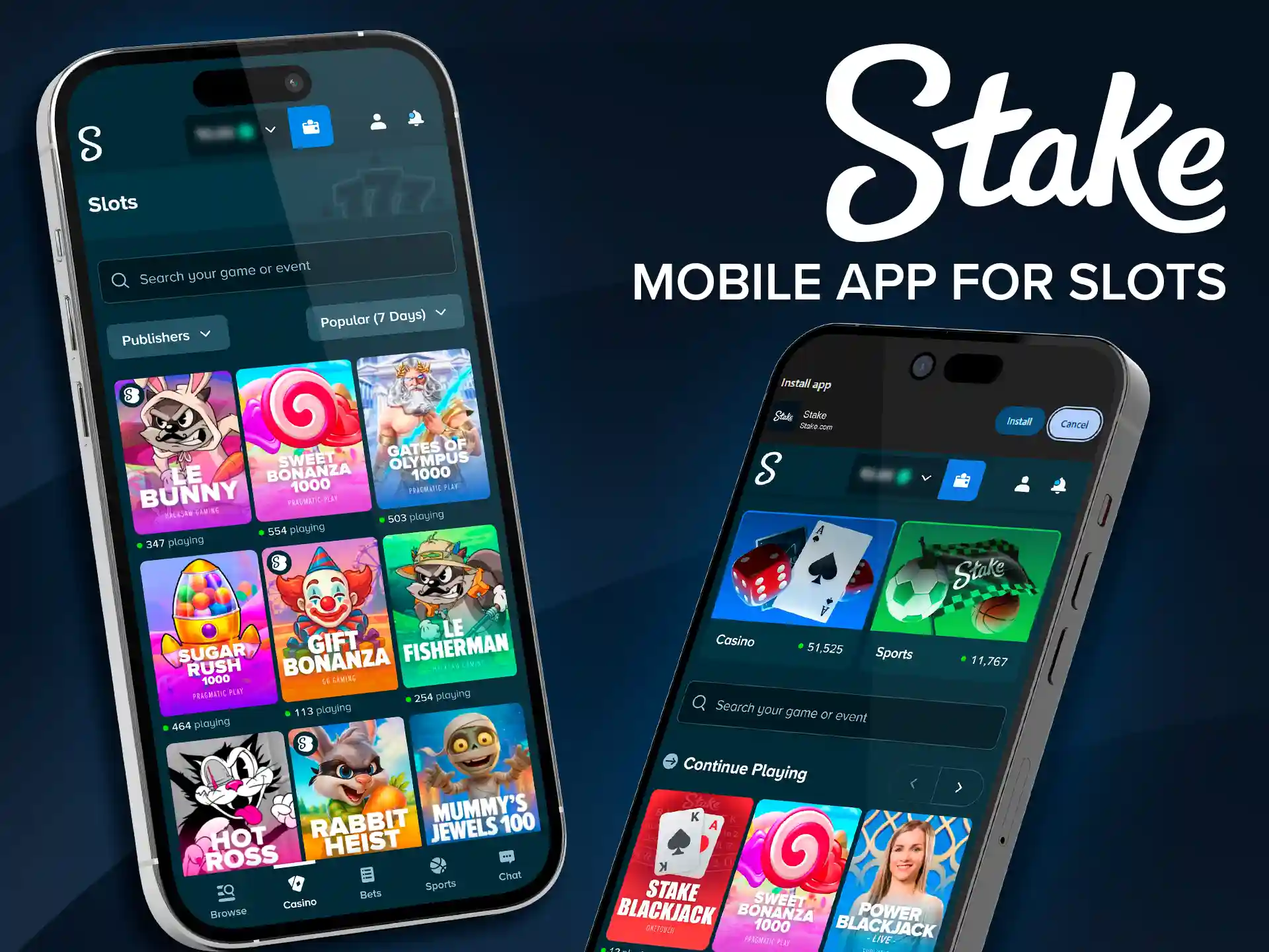 Stake mobile app interface showing slot games menu with filters and navigation controls on smartphone screen.