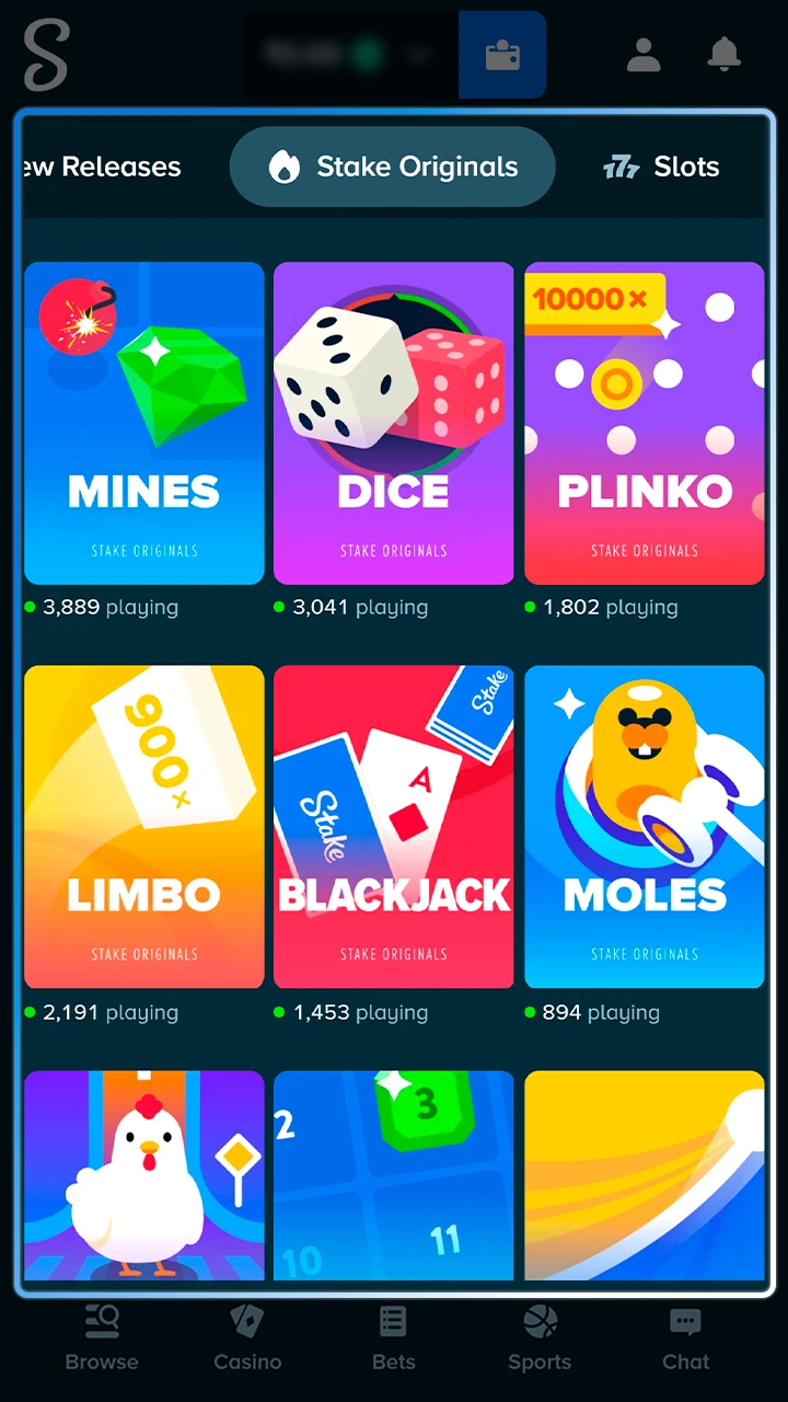 Select from a range of exclusive games built by Stake.