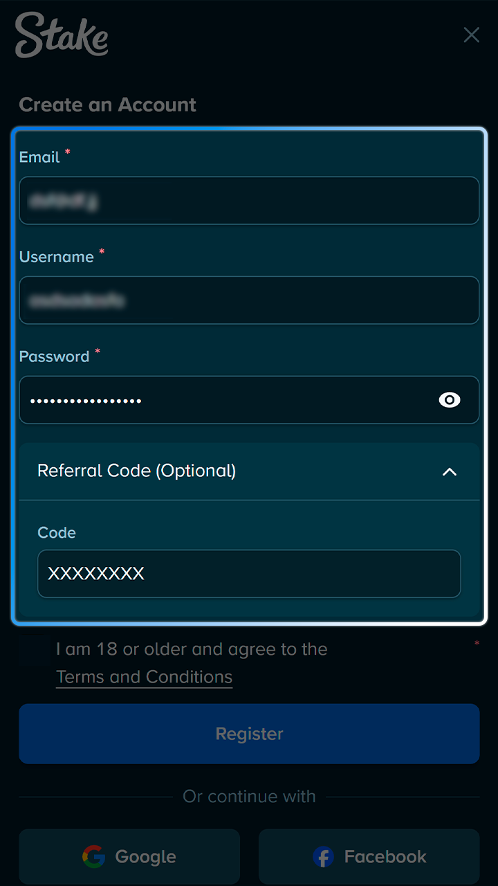 Create your new player account to access Stake services.