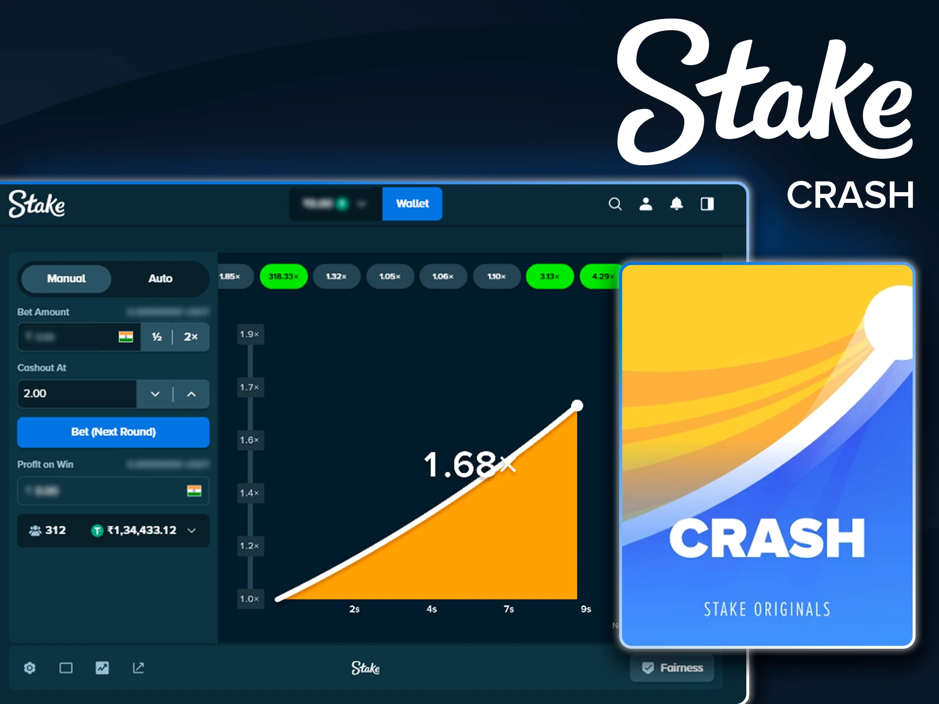 Cash out before the multiplier falls in Stake Crash.