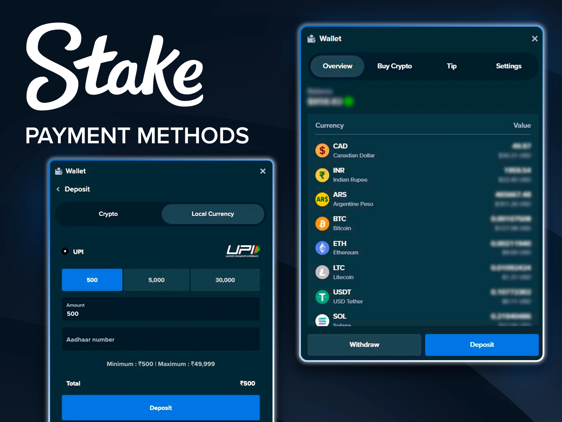 Manage your funds with trusted payment options on Stake.