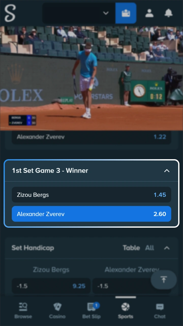 Open match and place your tennis bet at Stake sportsbook.
