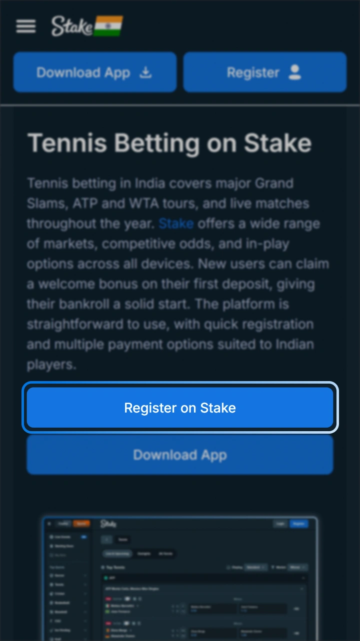 Join Stake for tennis betting using button on this page.