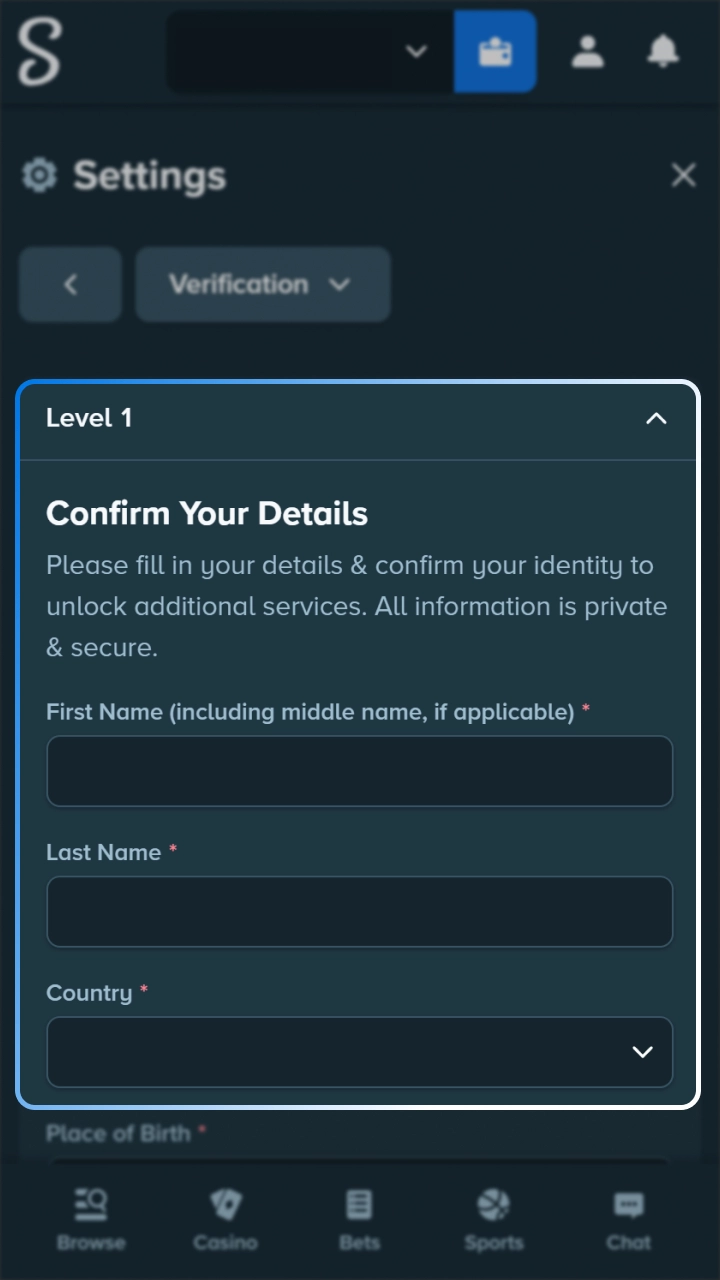 Verify your profile and deposit for tennis betting at Stake.