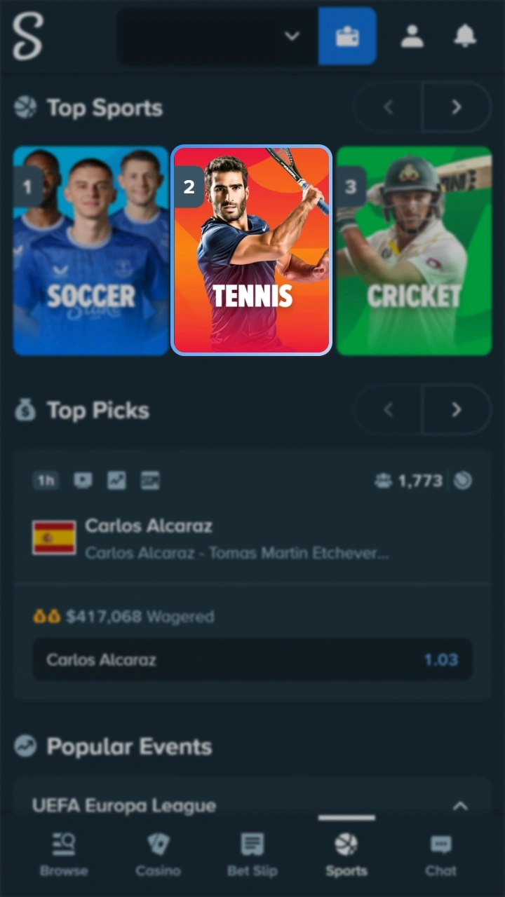 Open Stake sports and find tennis button.